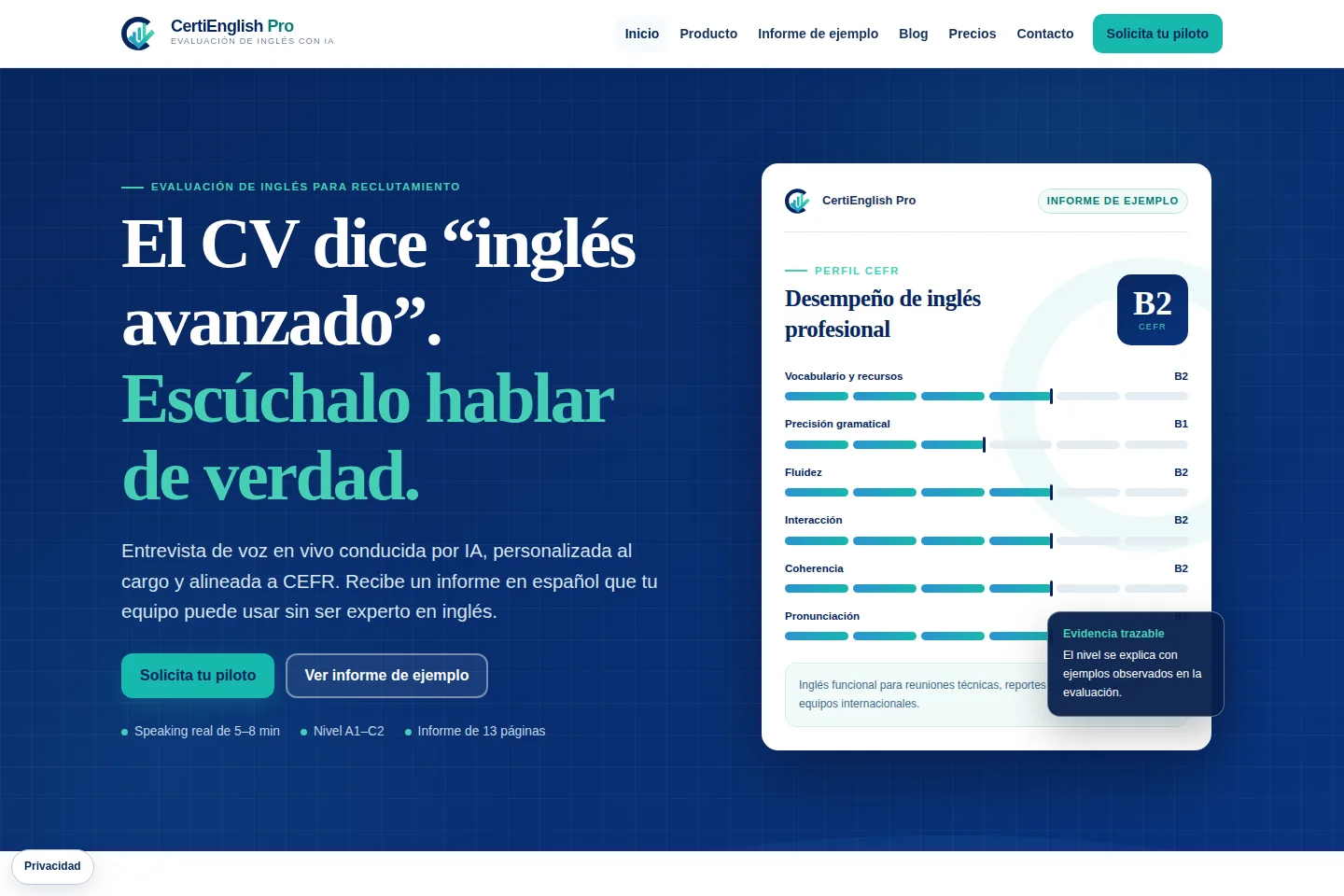 Sitio público de evaluación de inglés para reclutamiento