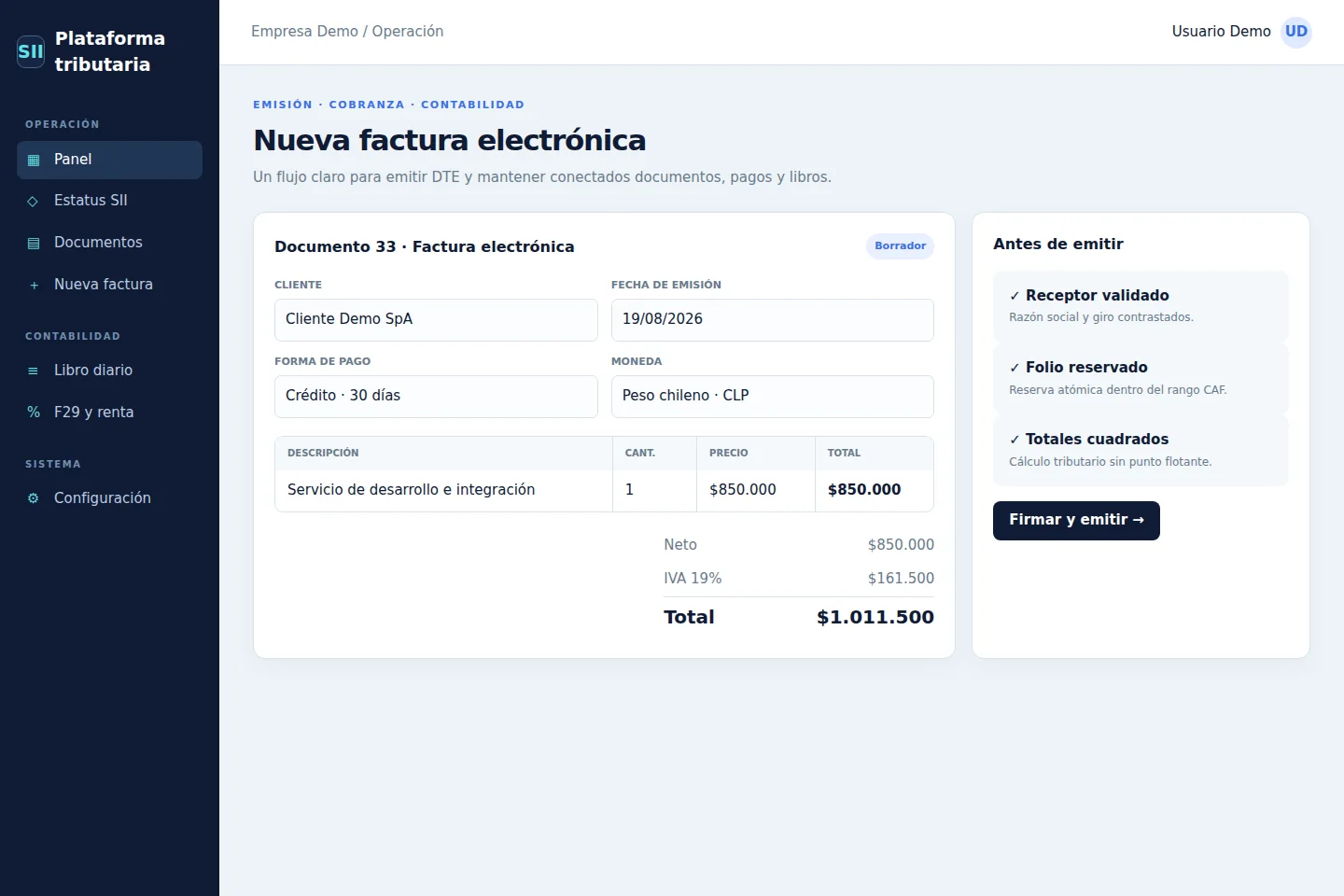 Mockup del formulario de emisión de factura electrónica