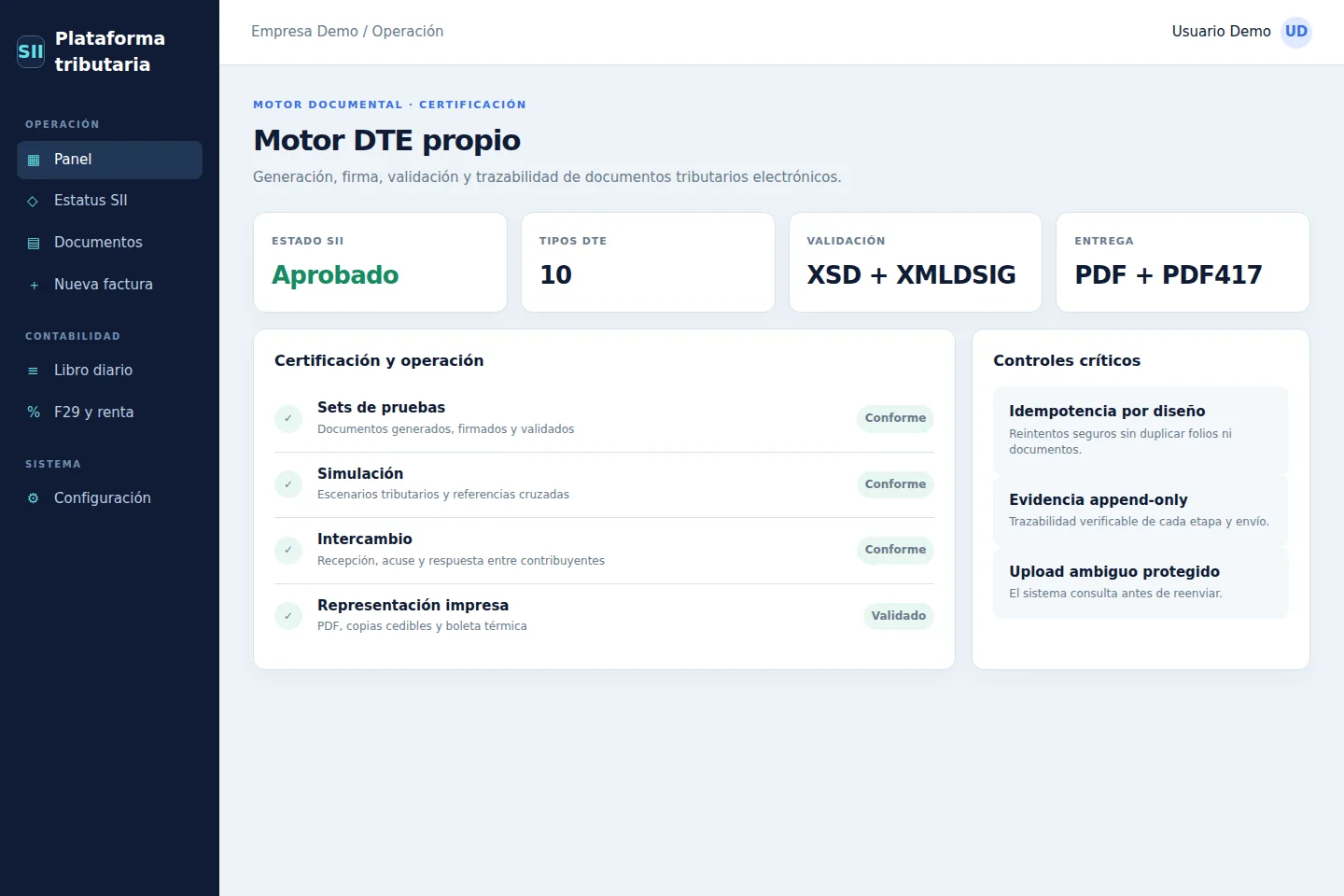 Mockup específico del flujo de certificación del motor DTE