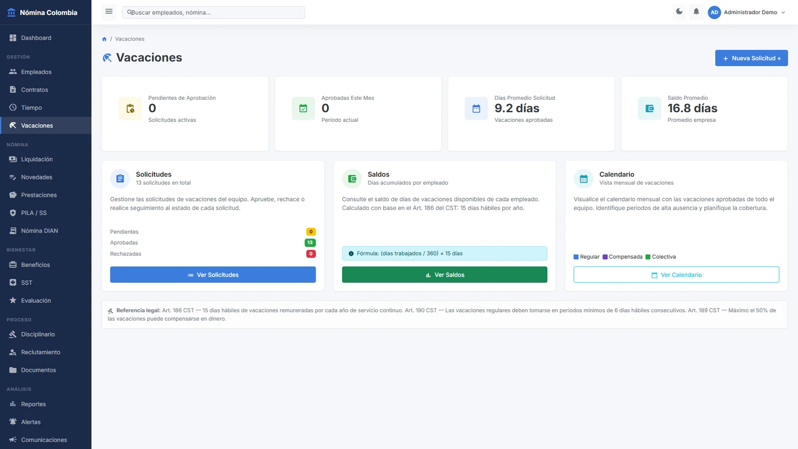 Dashboard de vacaciones en la aplicación de nómina colombiana