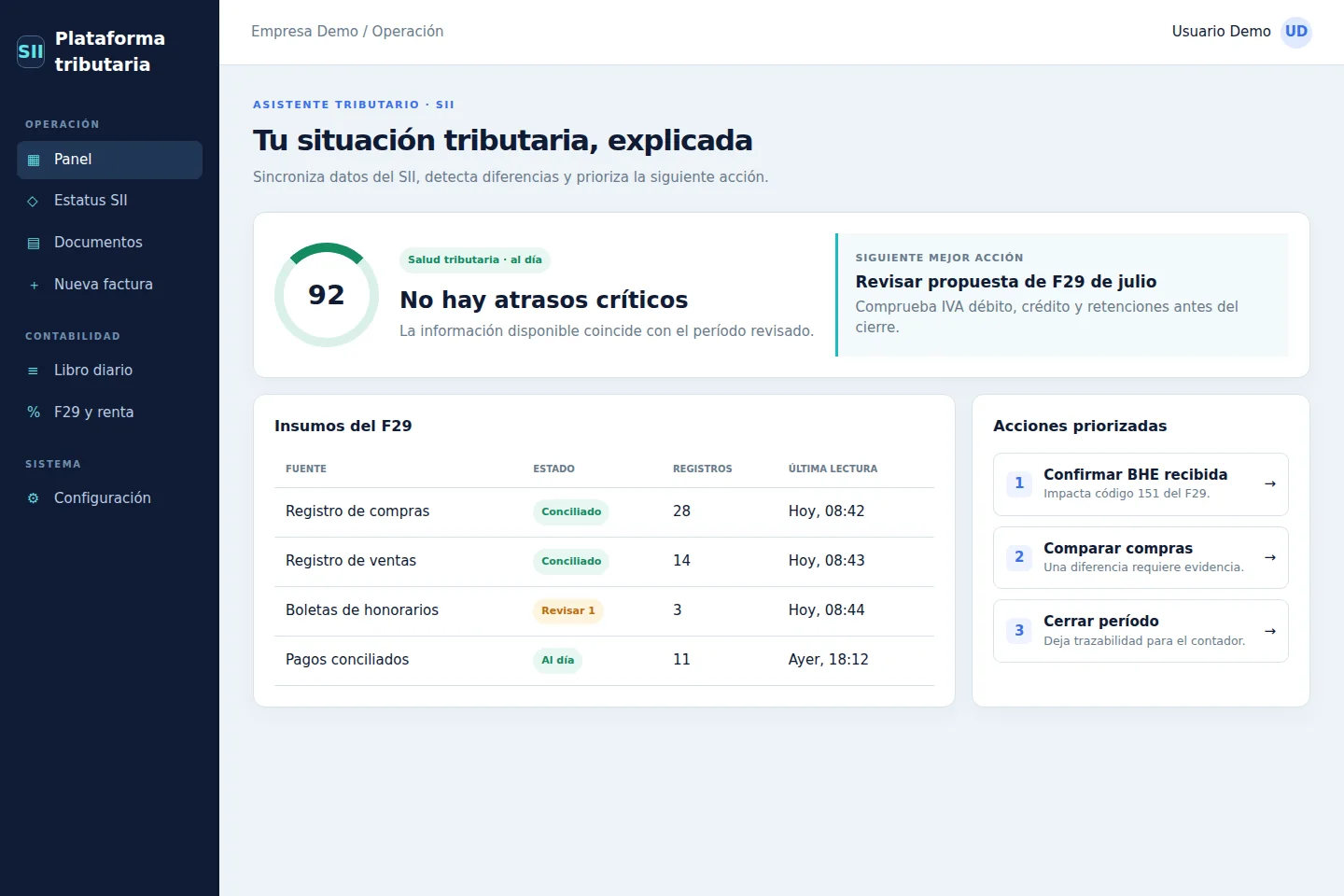 Mockup del agente tributario con salud, F29 y acciones priorizadas