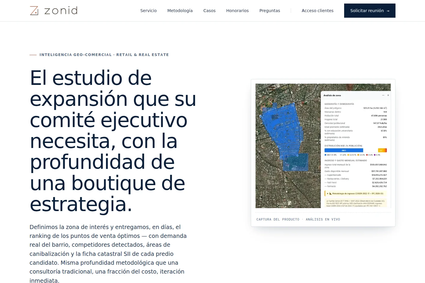 Sitio y visual de producto de una plataforma de inteligencia geocomercial